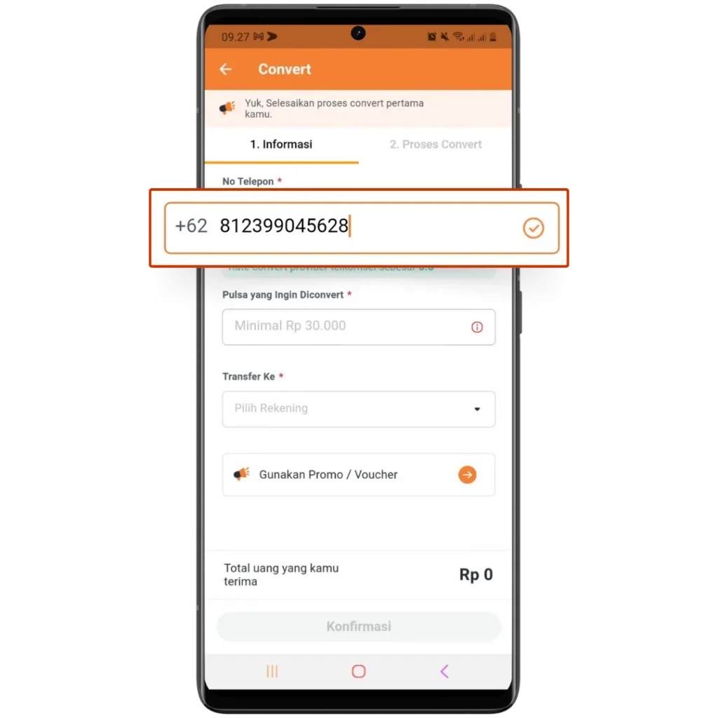 Isi Nomor Handphone yang Akan Di-convert