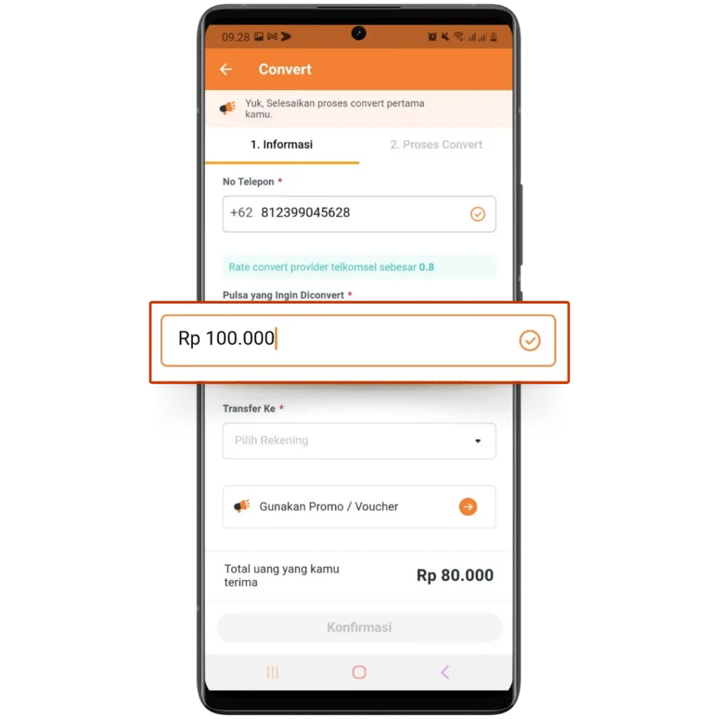 Masukkan Nominal Pulsa yang Di-convert