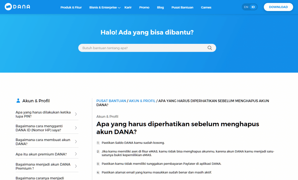 Cara Hapus Akun Dana Via Website