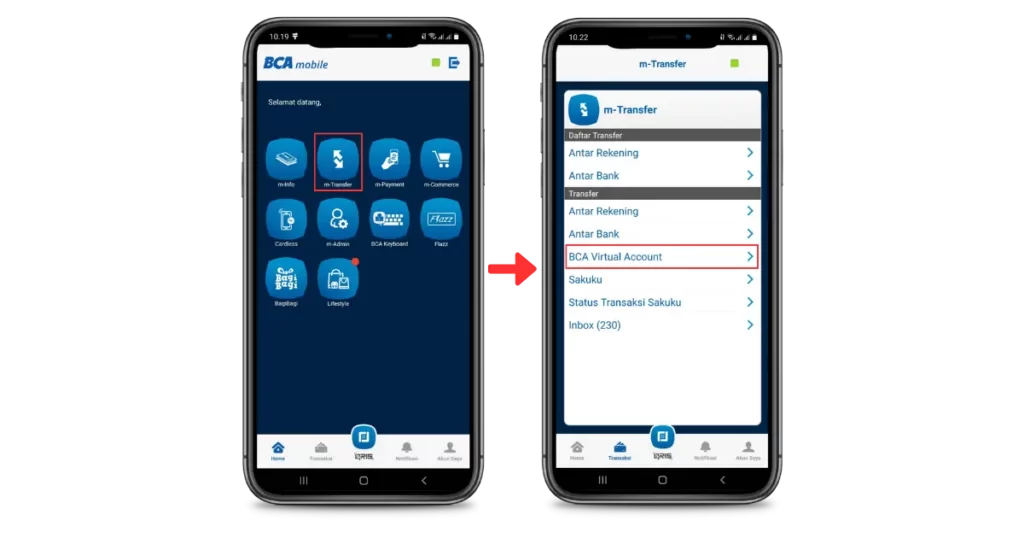 pilih menu m-Transfer, lalu pilih BCA Virtual Account