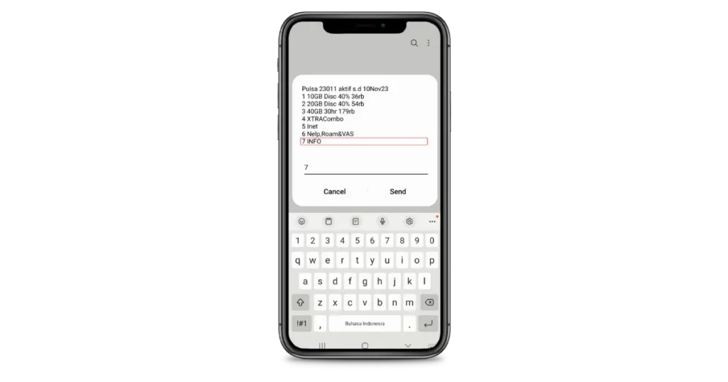 Tulis angka 7 untuk masuk ke menu “Info”, lalu klik “Send” Tulis angka 7 untuk masuk ke menu “Info”, lalu klik “Send”