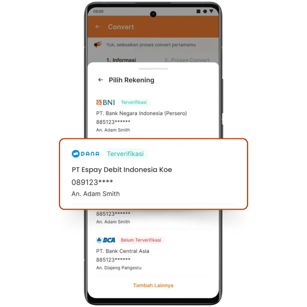 Pilih Tujuan Hasil Convert (DANA)