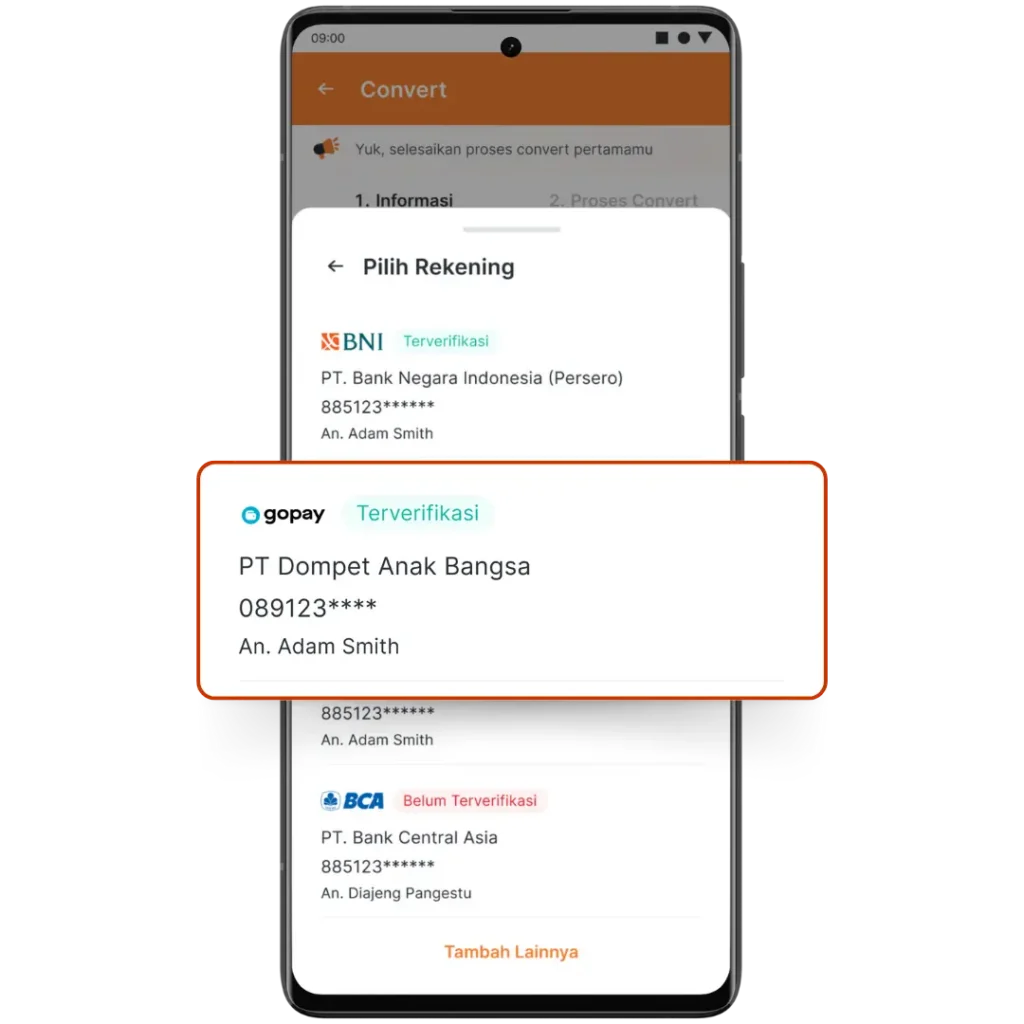 Pilih Tujuan Hasil Convert (GoPay)